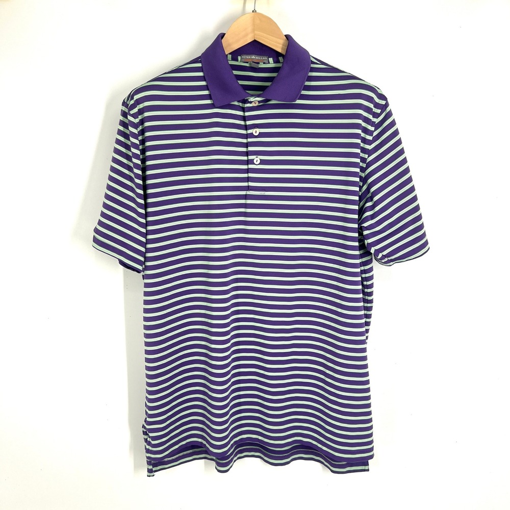 Peter Millar Summer Comfort Mens Large Polo Shirt Purple Green Striped MS13EK07
